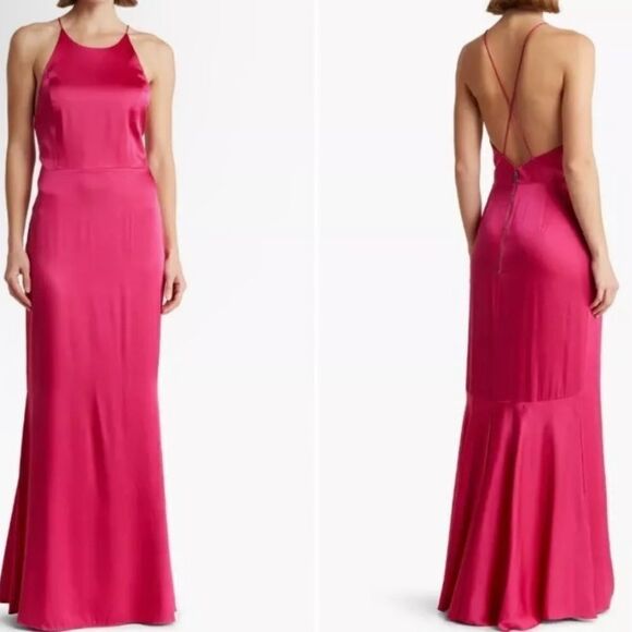 Alice + Olivia Samia Halter Neck Fishtail Gown Maxi Dress Magenta size 2 - Picture 1 of 6